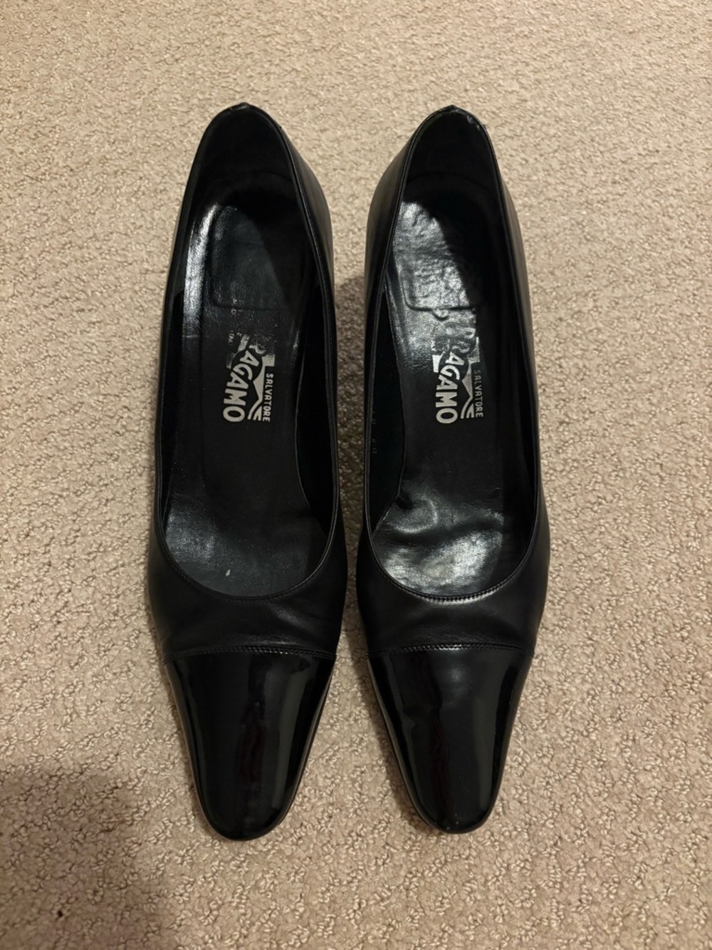 Salvatore Ferragamo Black Leather Cap Toe Pumps Kitten Heel